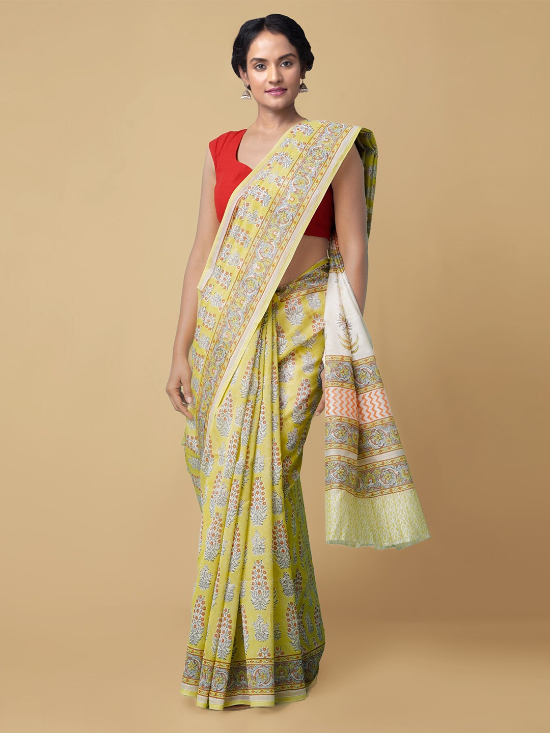 

Unnati Silks Women Green & Grey Pure Block Printed Chanderi Sico Saree