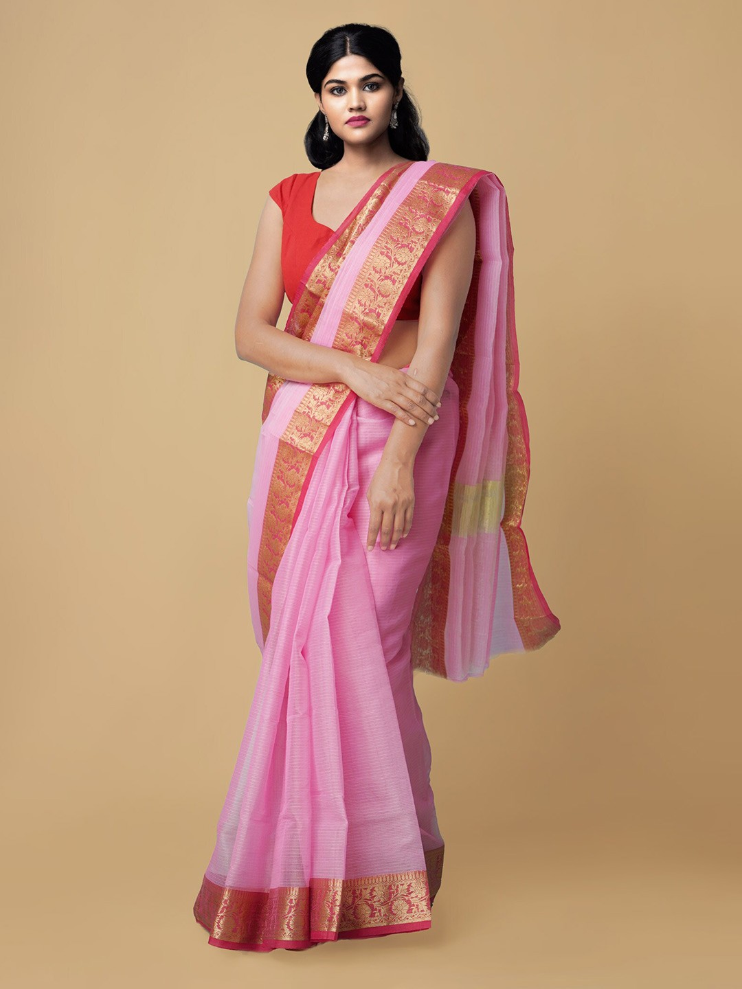

Unnati Silks Pink & Gold-Toned Woven Design Zari Kota Saree