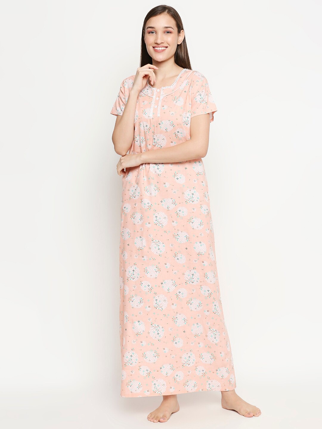 

XIN Peach-Coloured Printed Maxi Nightdress X.SLO-2351