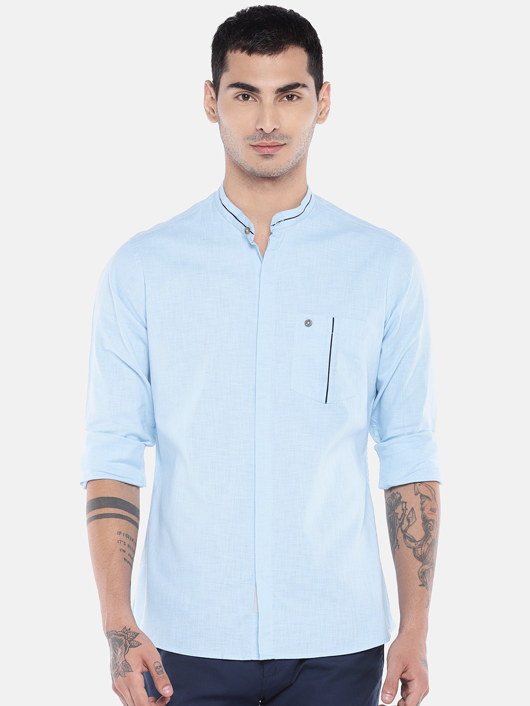 

EVOQ Men Blue Self-Design Mandarin Collar Cotton Linen Casual Shirt