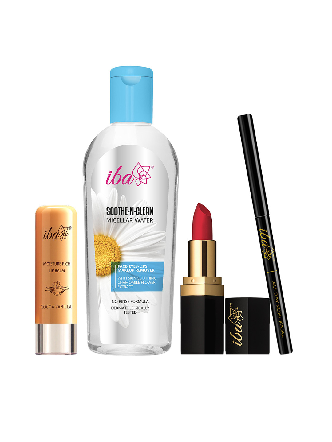 

Iba Everyday Makeup Essentials Combo - MiCellar Water, Lip Balm, Lipstick & Kajal, White