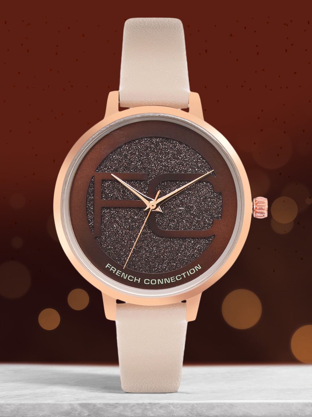

French Connection Women Brown Embellished Dial & Beige Leather Straps Analogue Watch, Coffee brown
