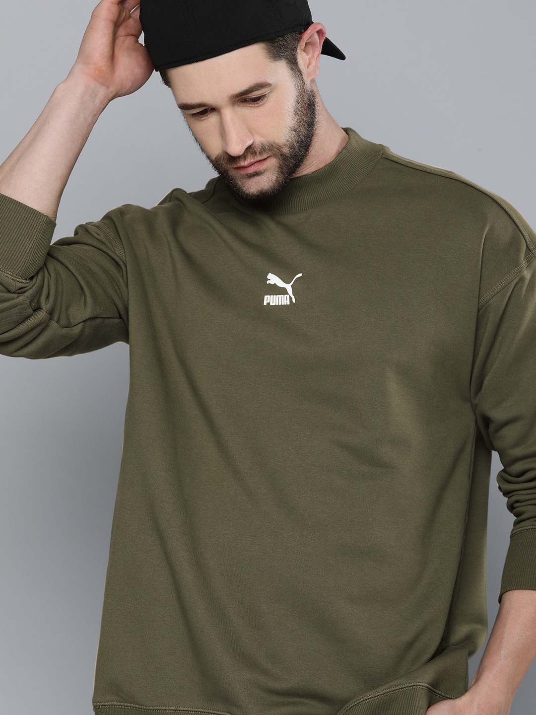 

Puma Men Olive & White Brand Logo Printed Cotton Classics Highneck Loose Sweatshirt