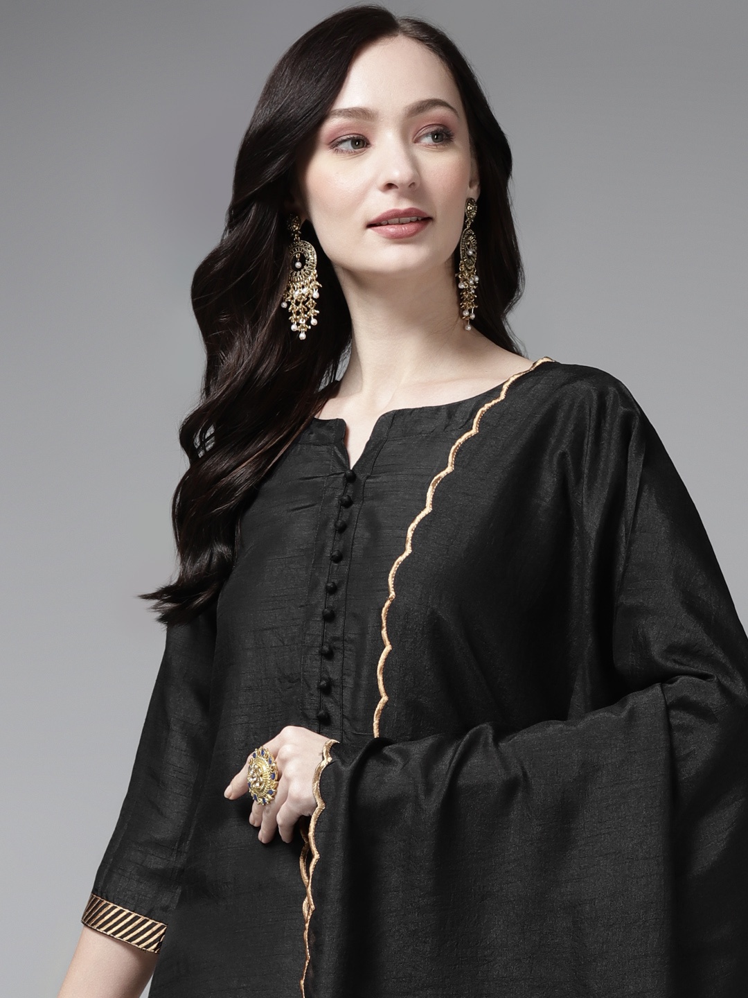 

Indo Era Women Black Regular Kurta with Palazzos & Dupatta
