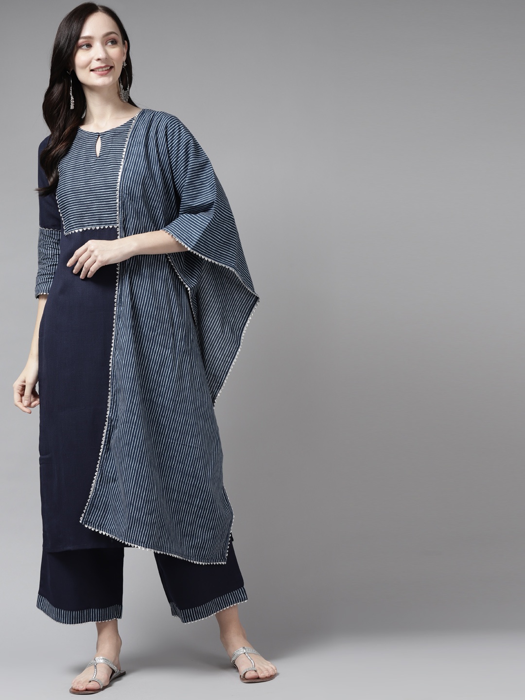 

Indo Era Women Navy Blue Yoke Design Regular Kurta with Palazzos & Dupatta