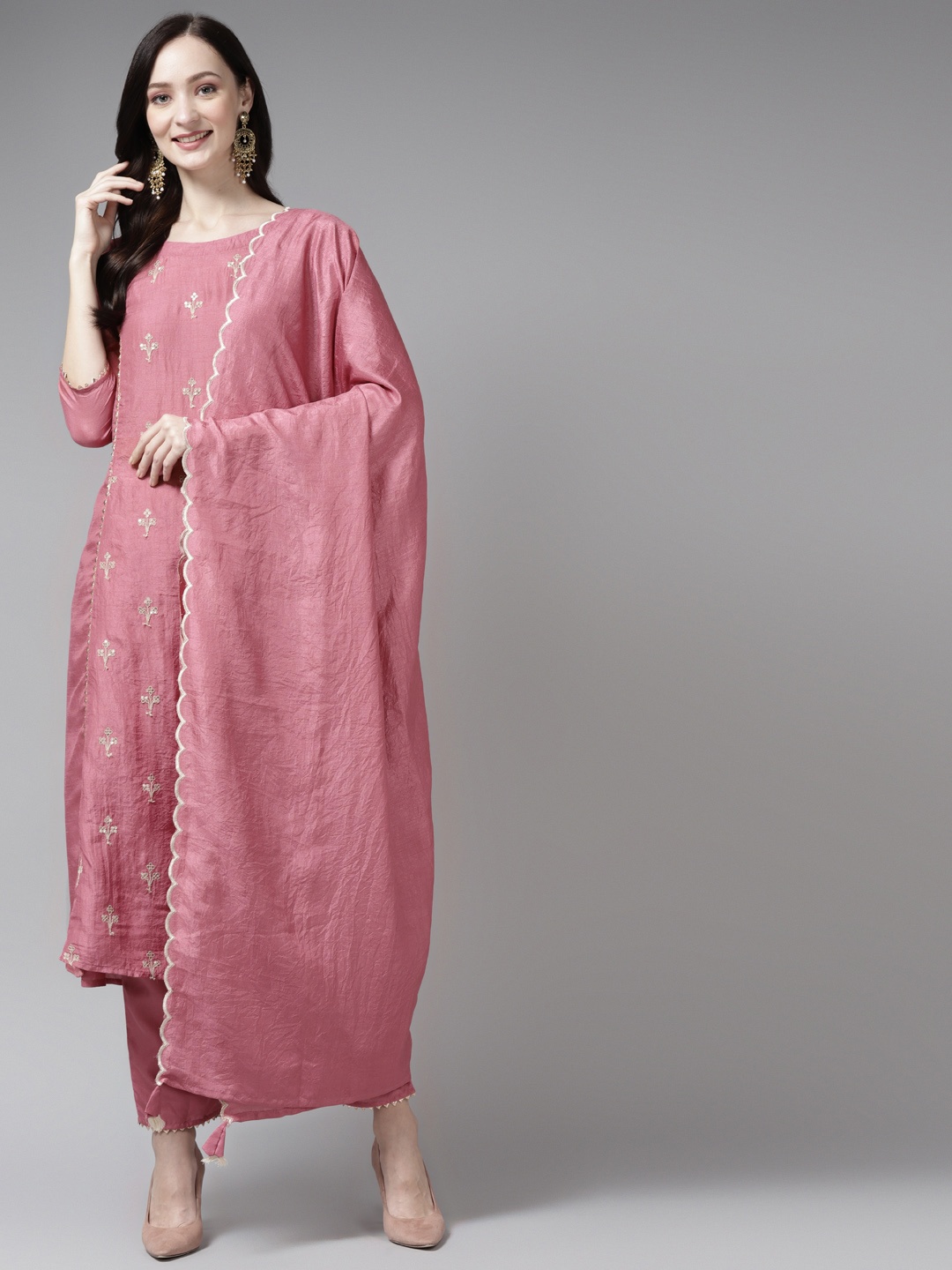 

Indo Era Women Pink Floral Embroidered Sequinned Liva Kurta with Trousers & Dupatta