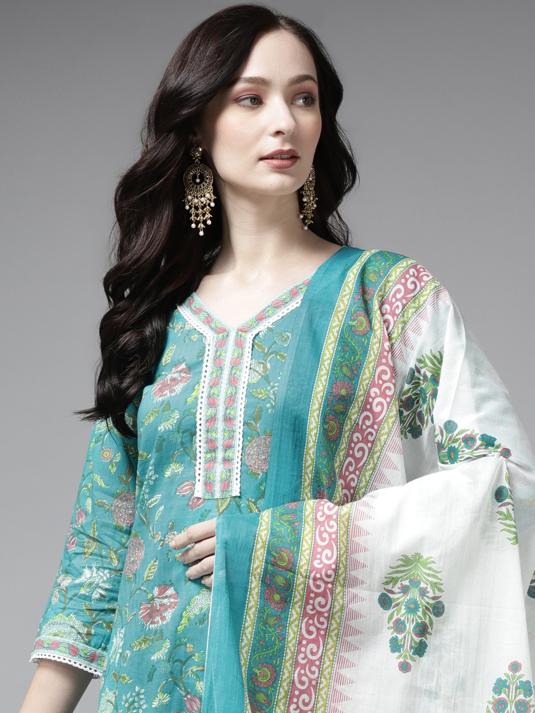 

Indo Era Women Green Floral Printed Regular Kurta with Palazzos & Dupatta
