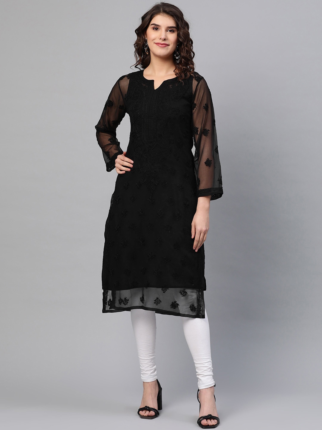 

ADA Women Black Ethnic Motifs Chikankari Straight Handloom Kurta with Inner