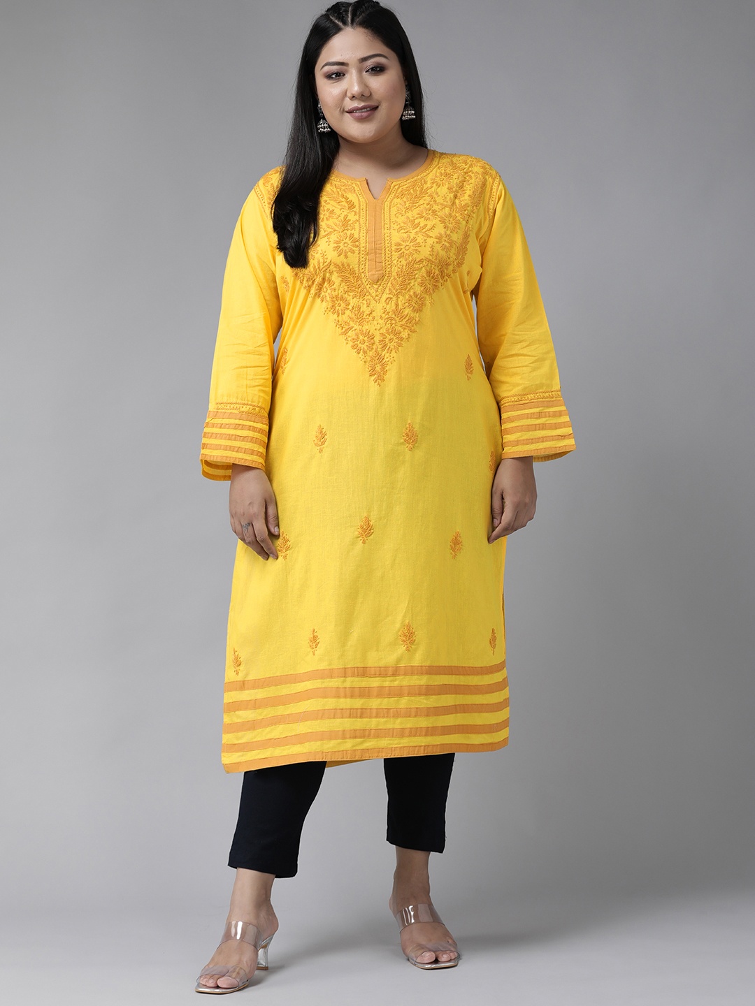 

ADA Women Plus Size Yellow Chikankari Hand Embroidered Sustainable Straight Kurta