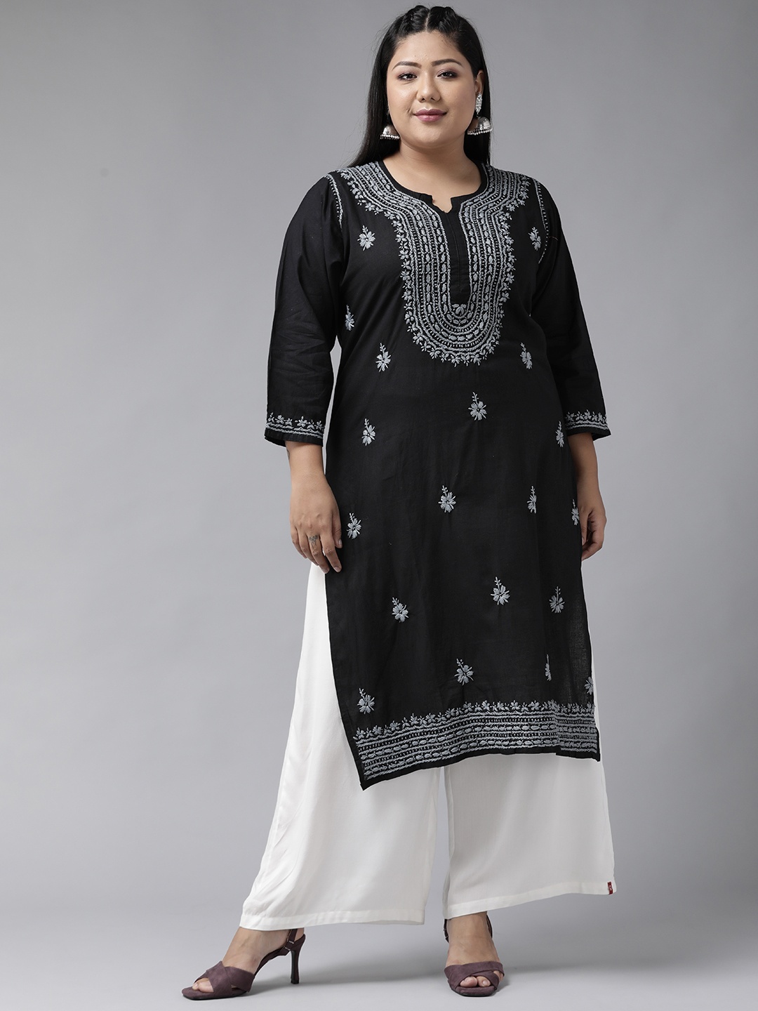 

ADA Women Plus Size Black & Grey Ethnic Motifs Pure Cotton Chikankari Embroidered Kurta