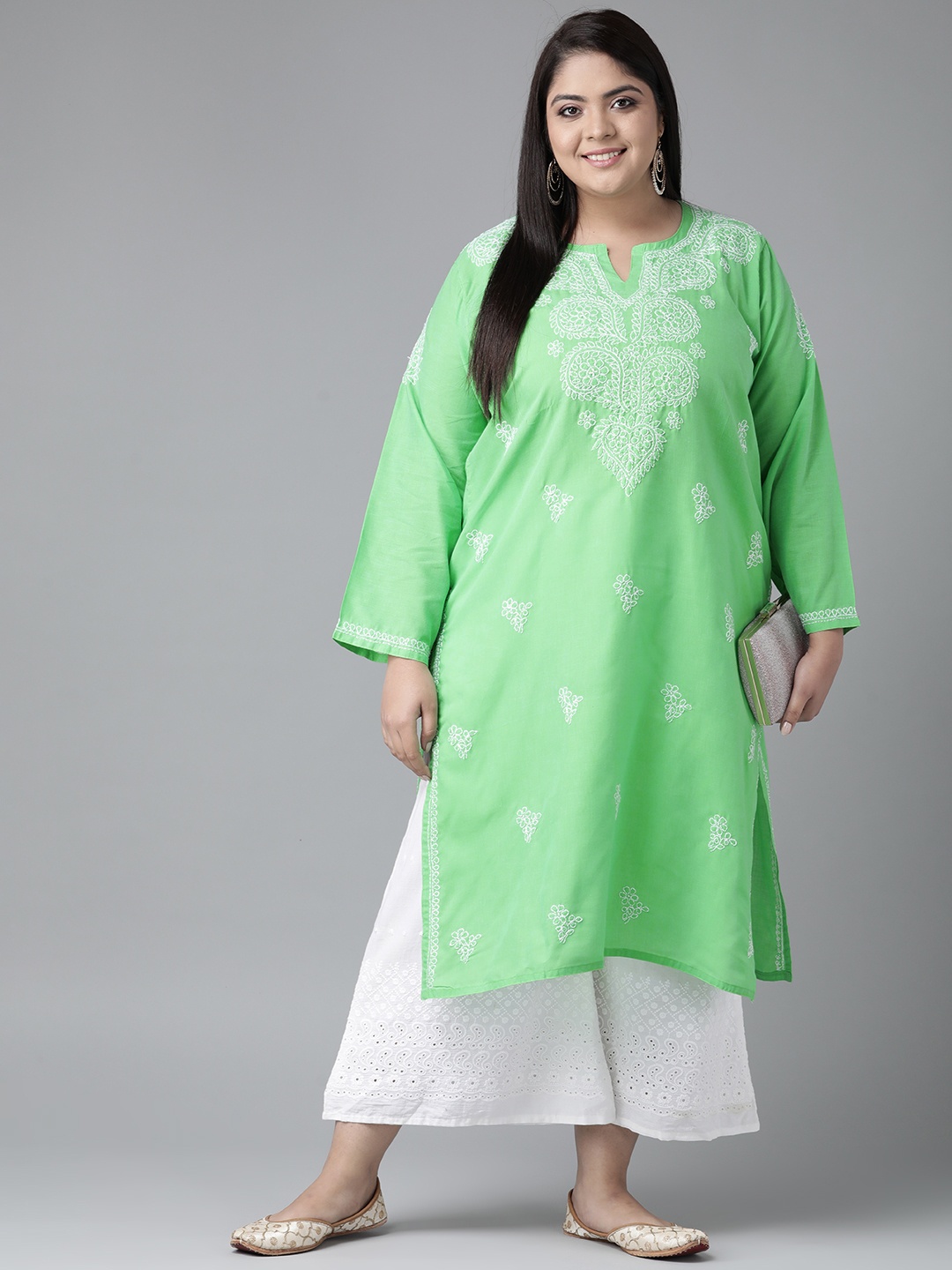 

ADA Women Plus Size Green Chikankari Embroidered Sustainable Kurta