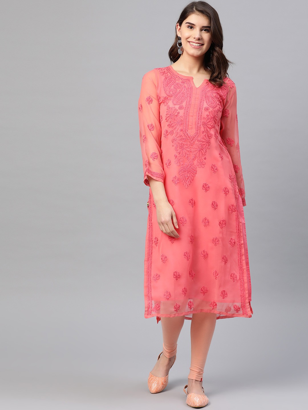 

ADA Women Plus Size Coral Pink Ethnic Motifs Chikankari Embroidered Handloom Kurta With Slip
