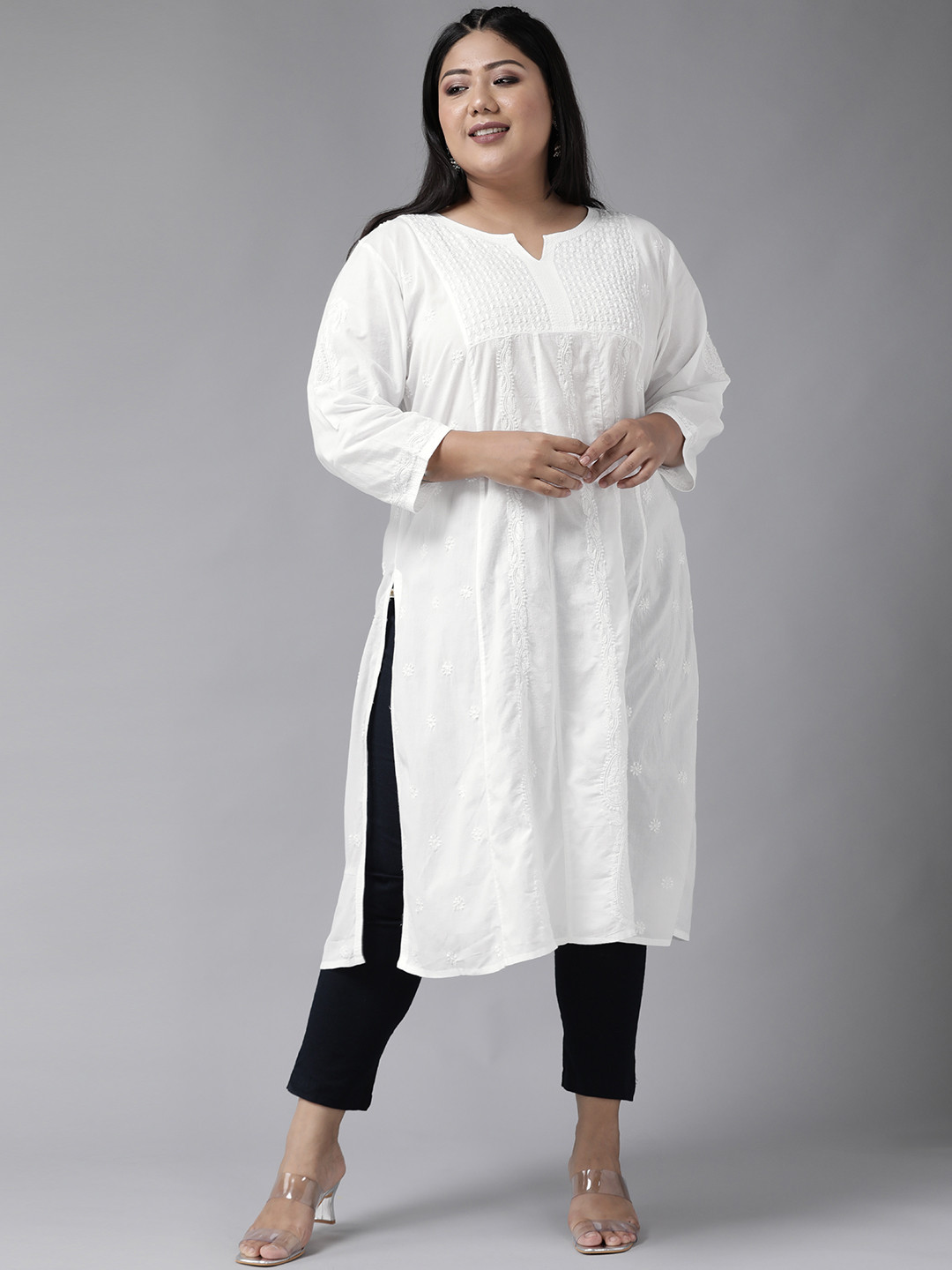 

ADA Women Plus Size White Ethnic Motifs Pure Cotton Chikankari Embroidered Handloom Kurta