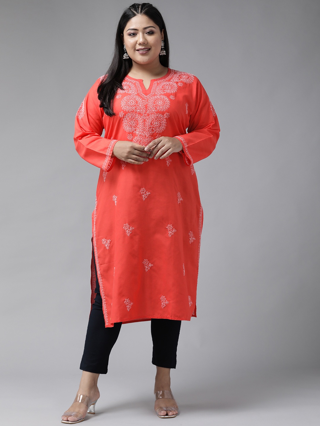 

ADA Women Plus Size Coral Red & White Ethnic Pure Cotton Chikankari Embroidered Handloom Kurta