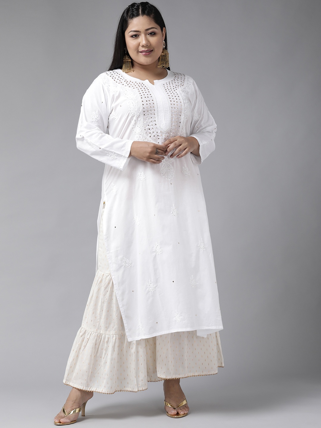 

ADA Women White Ethnic Motifs Chikankari Mukaish Straight Handloom Kurta