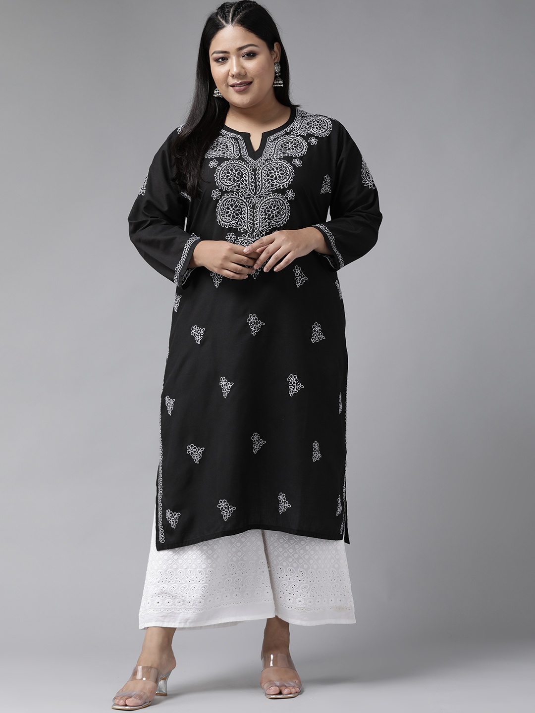 

ADA Women Plus Size Black & White Chikankari Hand Embroidered Sustainable Straight Kurta