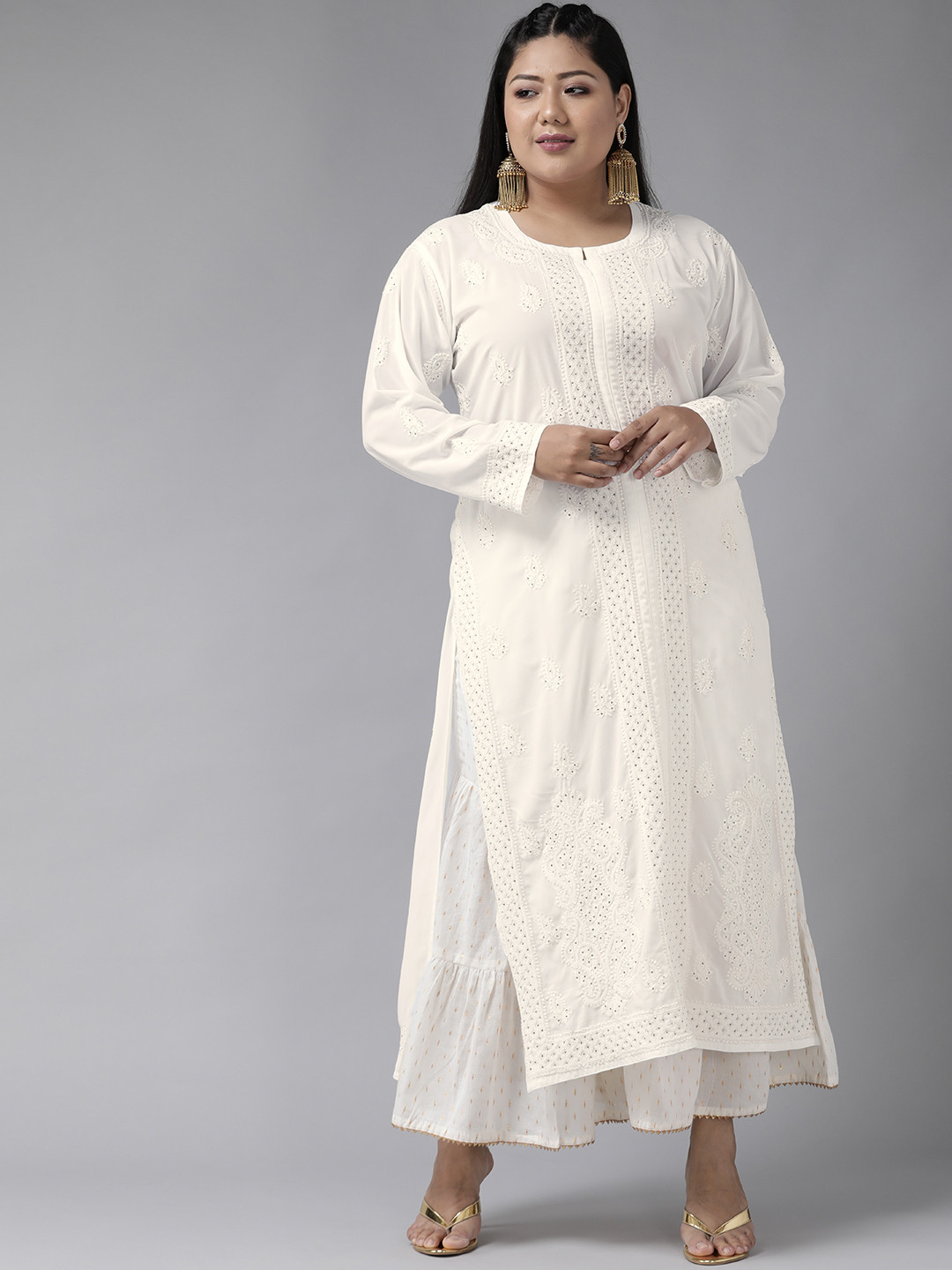

ADA Women Plus Size Off White Ethnic Motifs Mukaish Embroidered Handloom Kurta