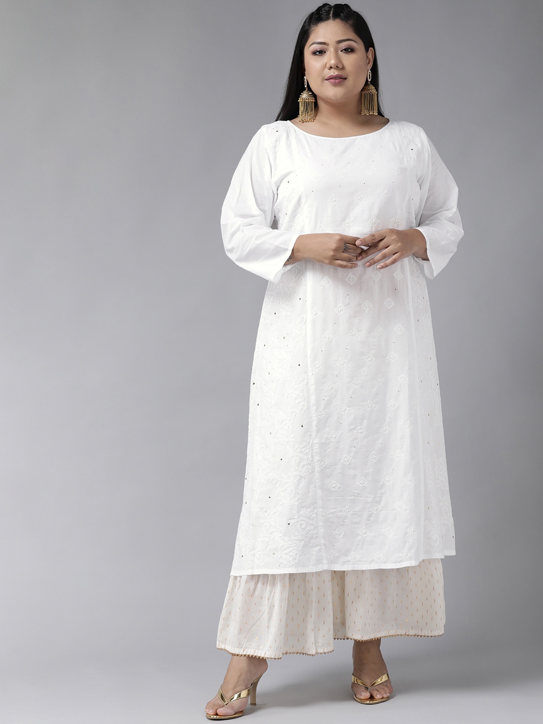 

ADA Women Plus Size White Ethnic Motifs Pure Cotton Chikankari Embroidered A-Line Handloom Kurta