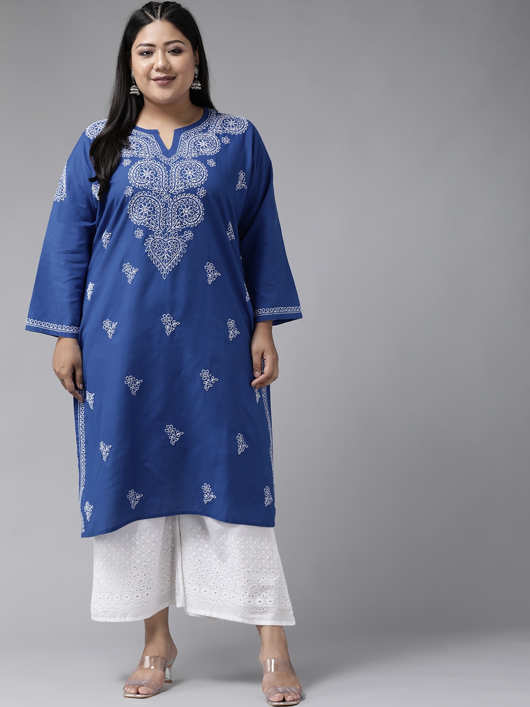 

ADA Women Plus Size Blue & White Chikankari Hand Embroidered Sustainable Straight Kurta