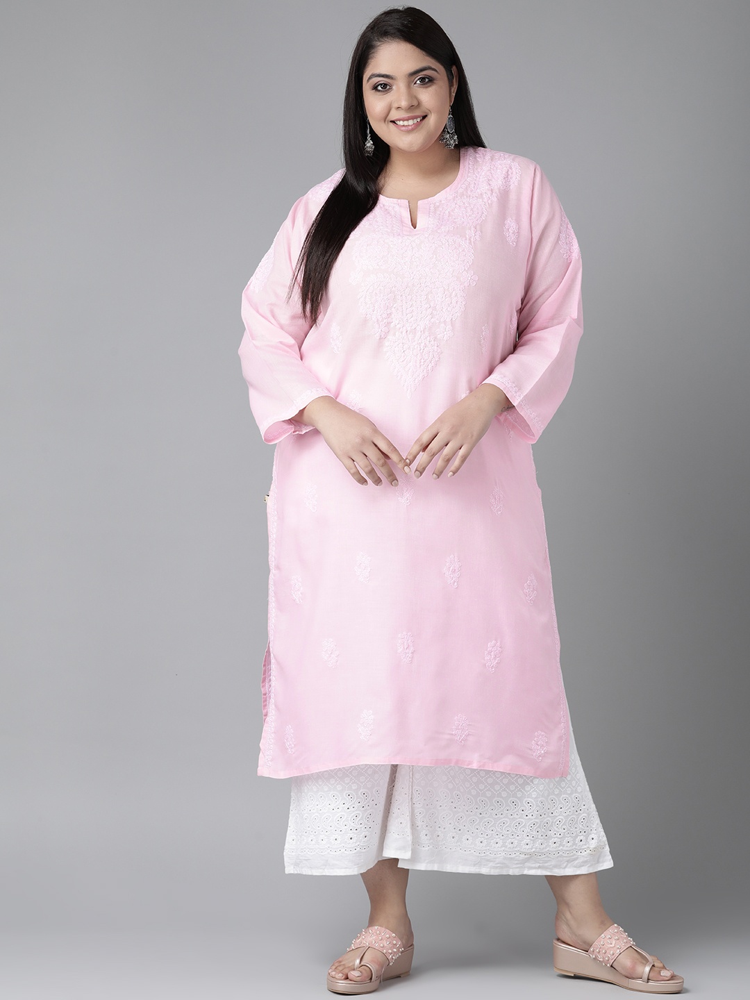 

ADA Women Plus Size Pink Chikankari Embroidered Sustainable Handloom Kurta