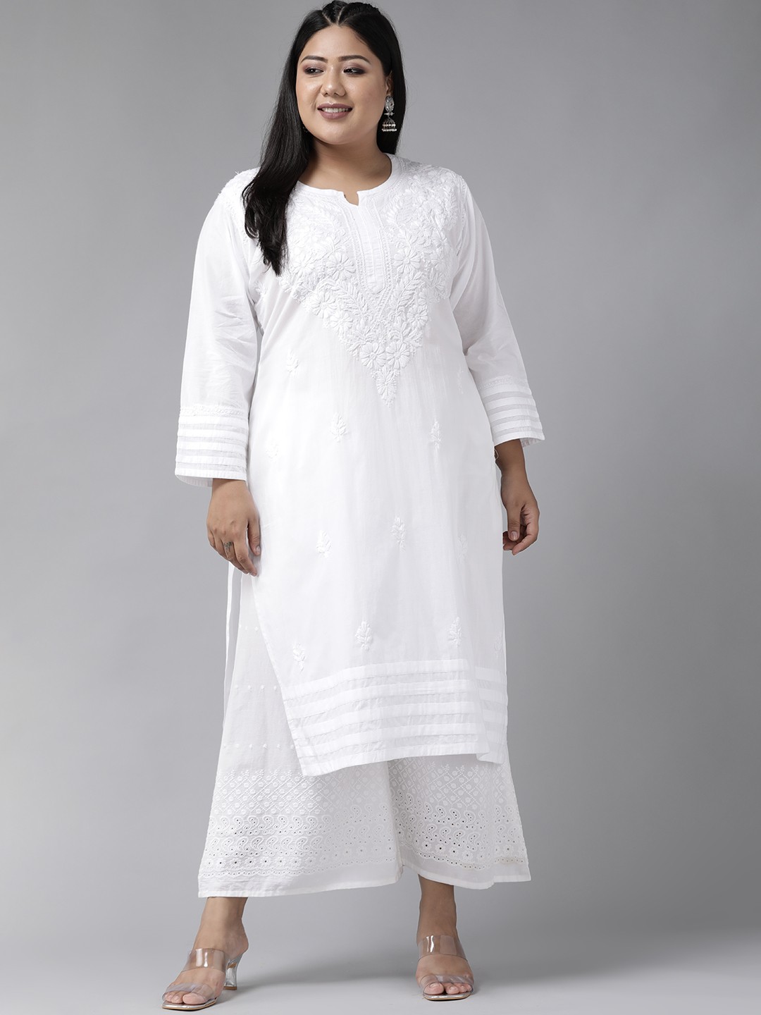 

ADA Women Plus Size White Chikankari Hand Embroidered Sustainable Straight Kurta