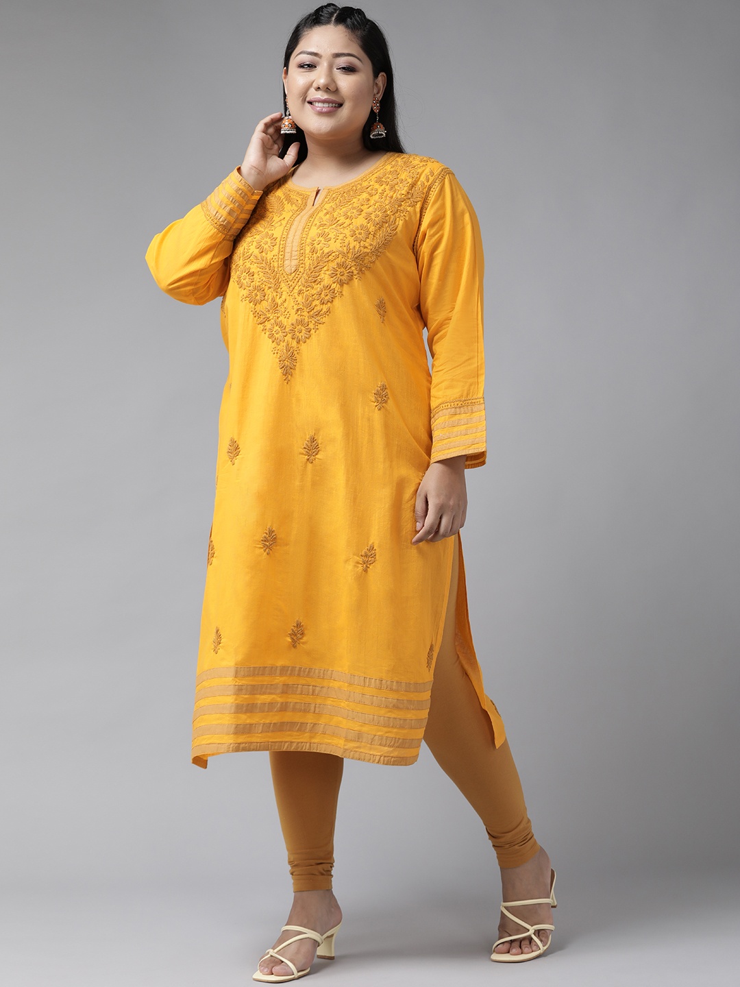

ADA Women Mustard Yellow & Olive Green Cotton Embroidered Chikankari Sustainable Handloom Kurta