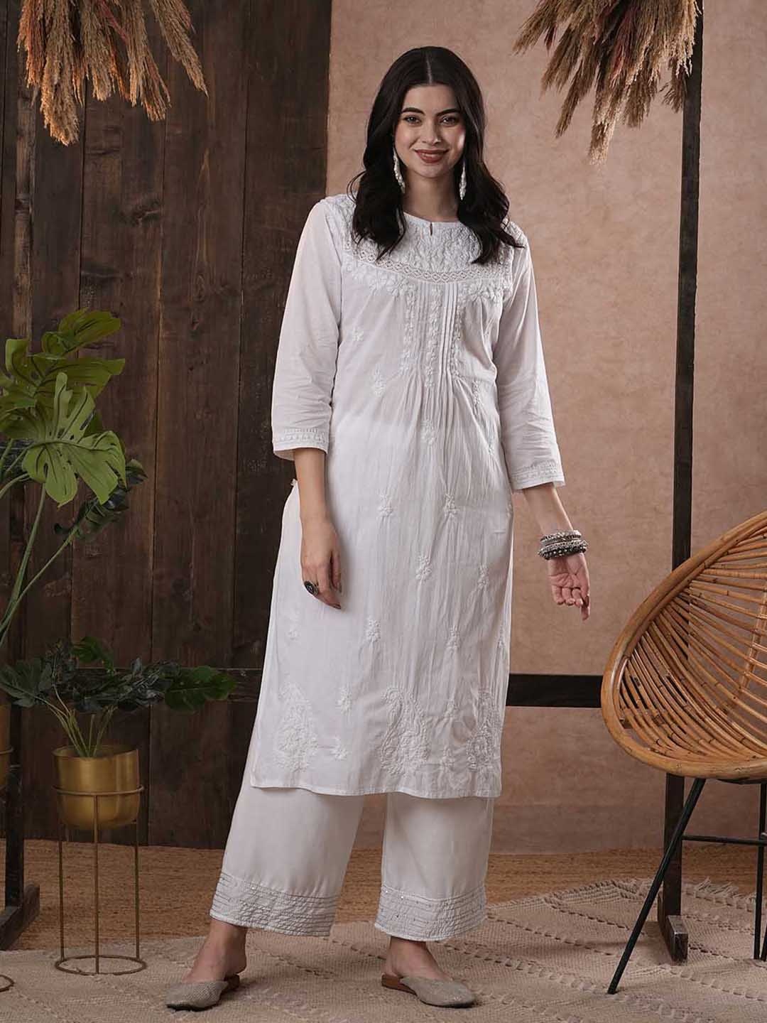 

ADA Women Plus Size White Ethnic Motifs Pure Cotton Chikankari Embroidered Handloom Kurta