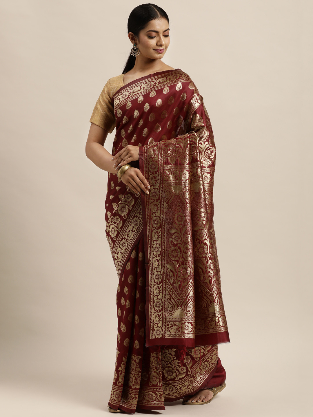 

Sugathari Maroon & Gold-Toned Woven Design Mysore Silk Saree