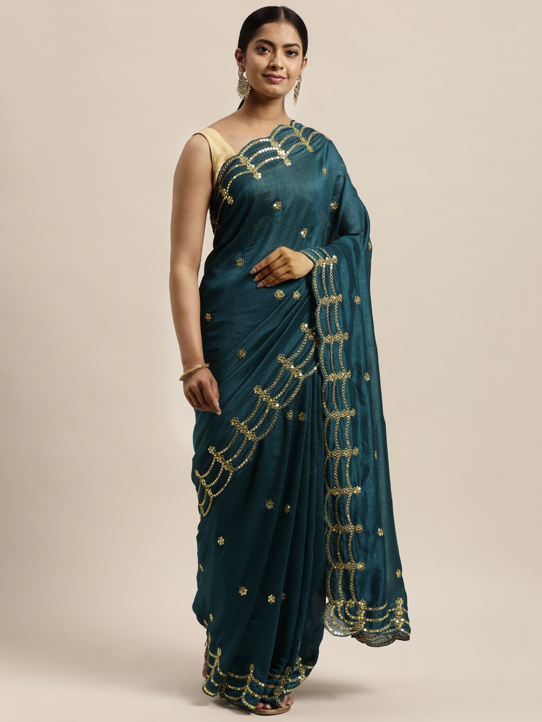 

Sugathari Teal & Gold-Toned Embellished Sequinned Silk Blend Heavy Work Jamdani Saree