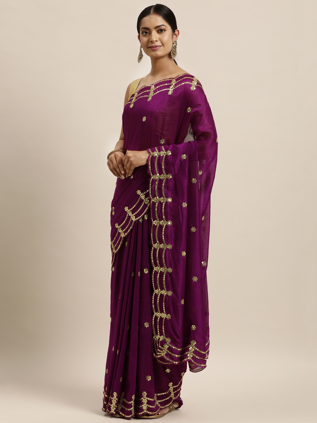 

Sugathari Purple & Gold-Toned Embellished Sequinned Silk Blend Heavy Work Jamdani Saree