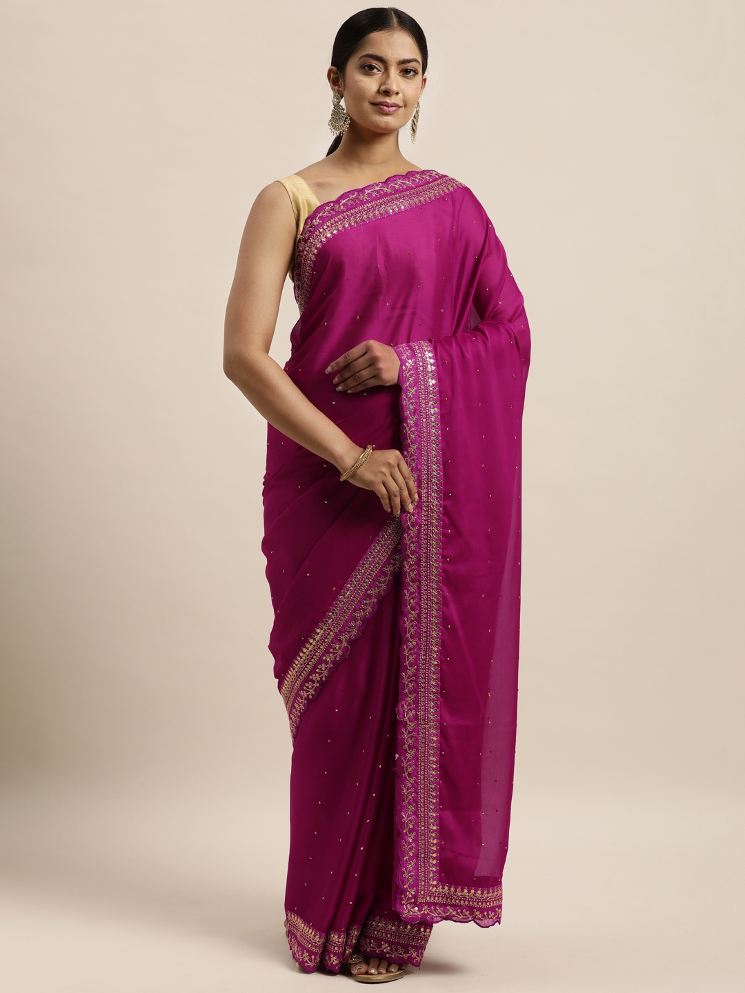 

Sugathari Purple Embellished Beads and Stones Silk Blend Jamdani Saree