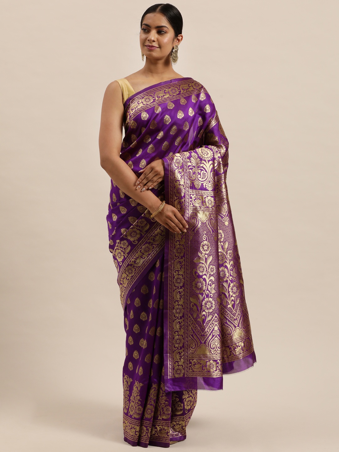 

Sugathari Purple & Gold Ethnic Motifs Zari Silk Blend Banarasi Saree