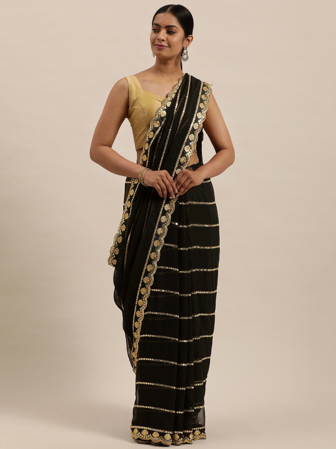 

Sugathari Black & Gold-Toned Sequinned Jamdani Saree