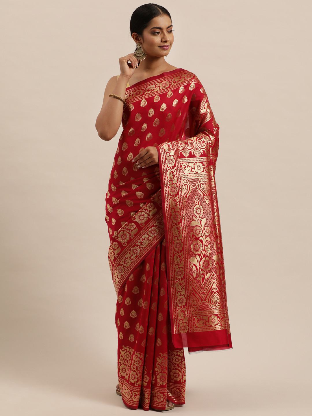 

Sugathari Red Woven Design Zari Silk Blend Maheshwari Saree