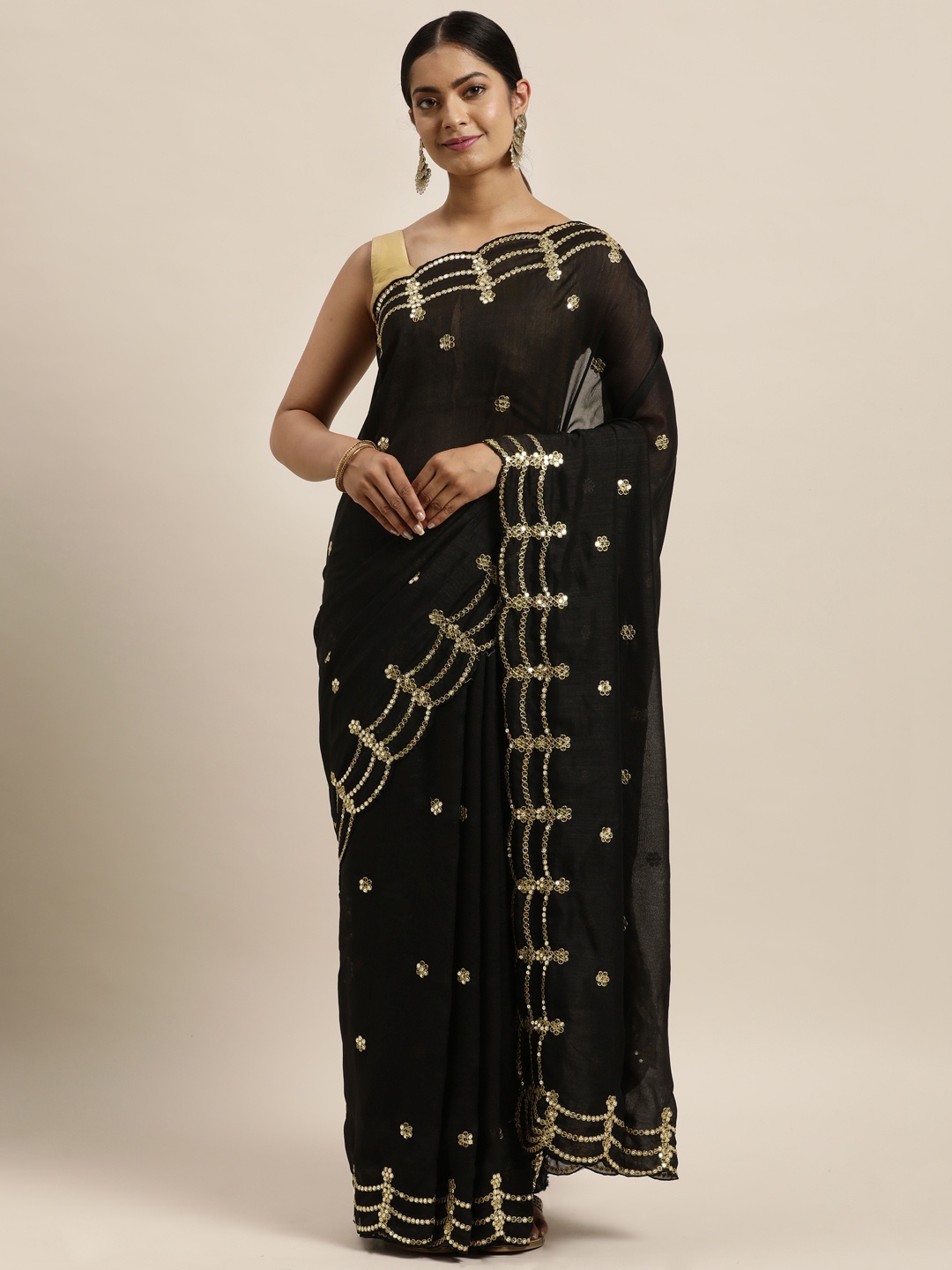 

Sugathari Black & Gold-Toned Embellished Sequinned Silk Blend Heavy Work Jamdani Saree