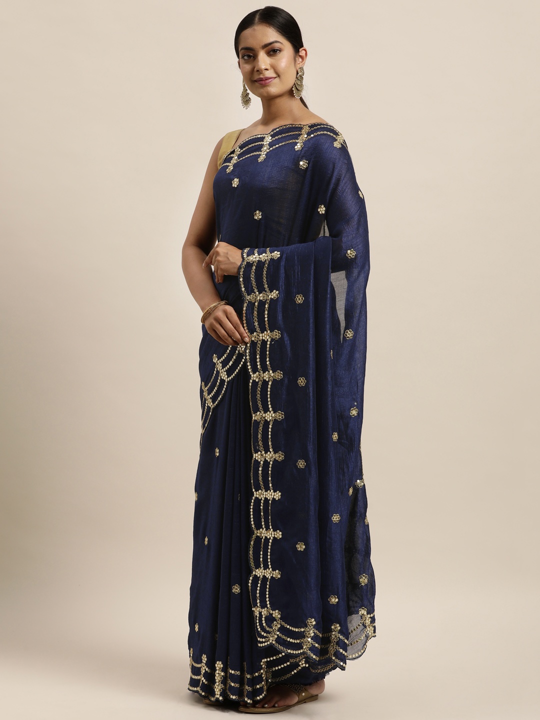 

Sugathari Navy Blue & Gold-Toned Embellished Sequinned Silk Blend Heavy Work Jamdani Saree