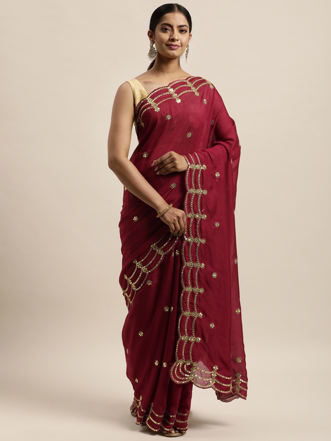 

Sugathari Maroon & Gold-Toned Embellished Sequinned Silk Blend Heavy Work Jamdani Saree