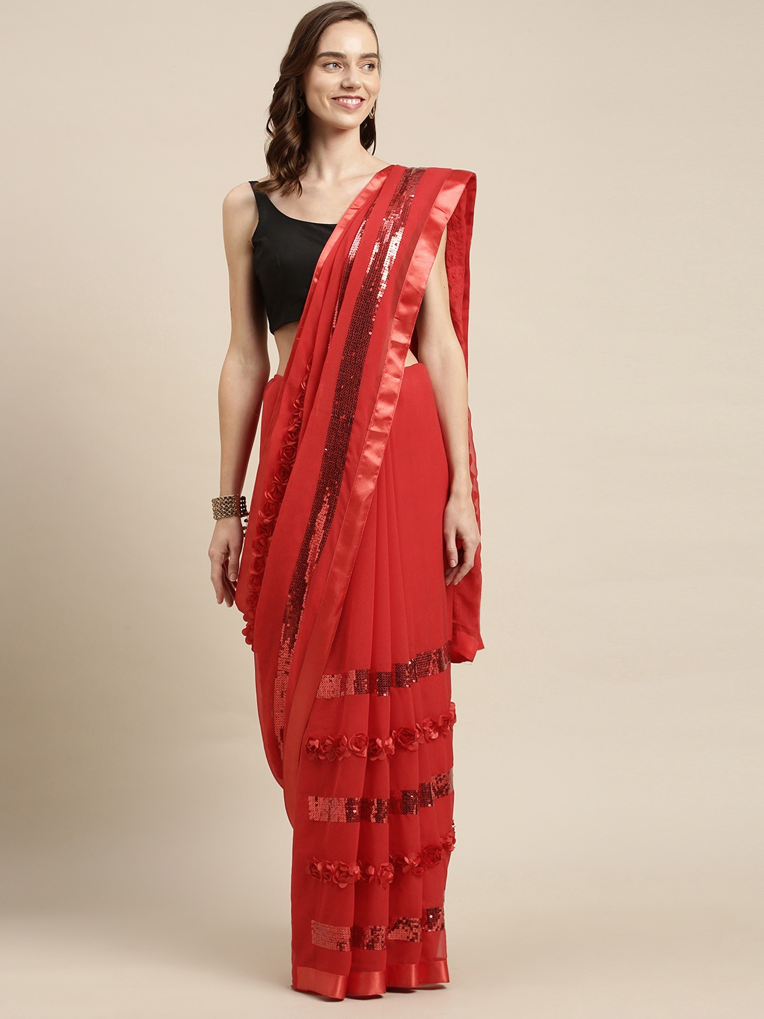 

Sugathari Red Embellished Sequinned Saree