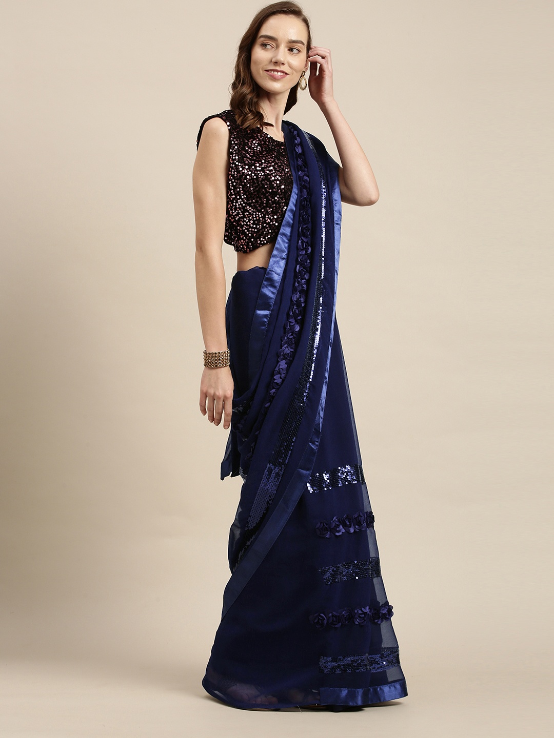 

Sugathari Navy Blue Sequinned Saree