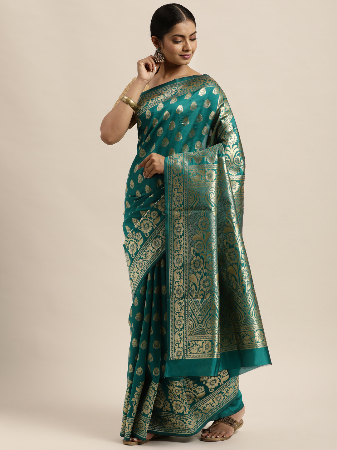 

Sugathari Teal & Gold-Toned Woven Design Silk Blend Saree