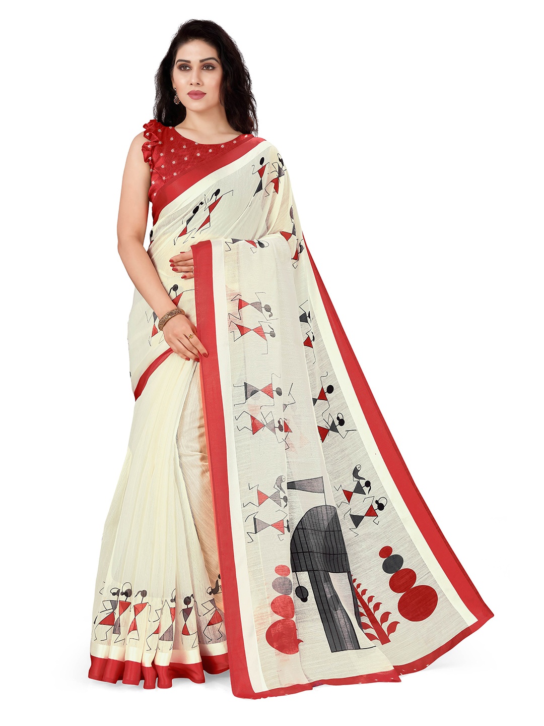 

KALINI Off White & Red Warli Printed Saree