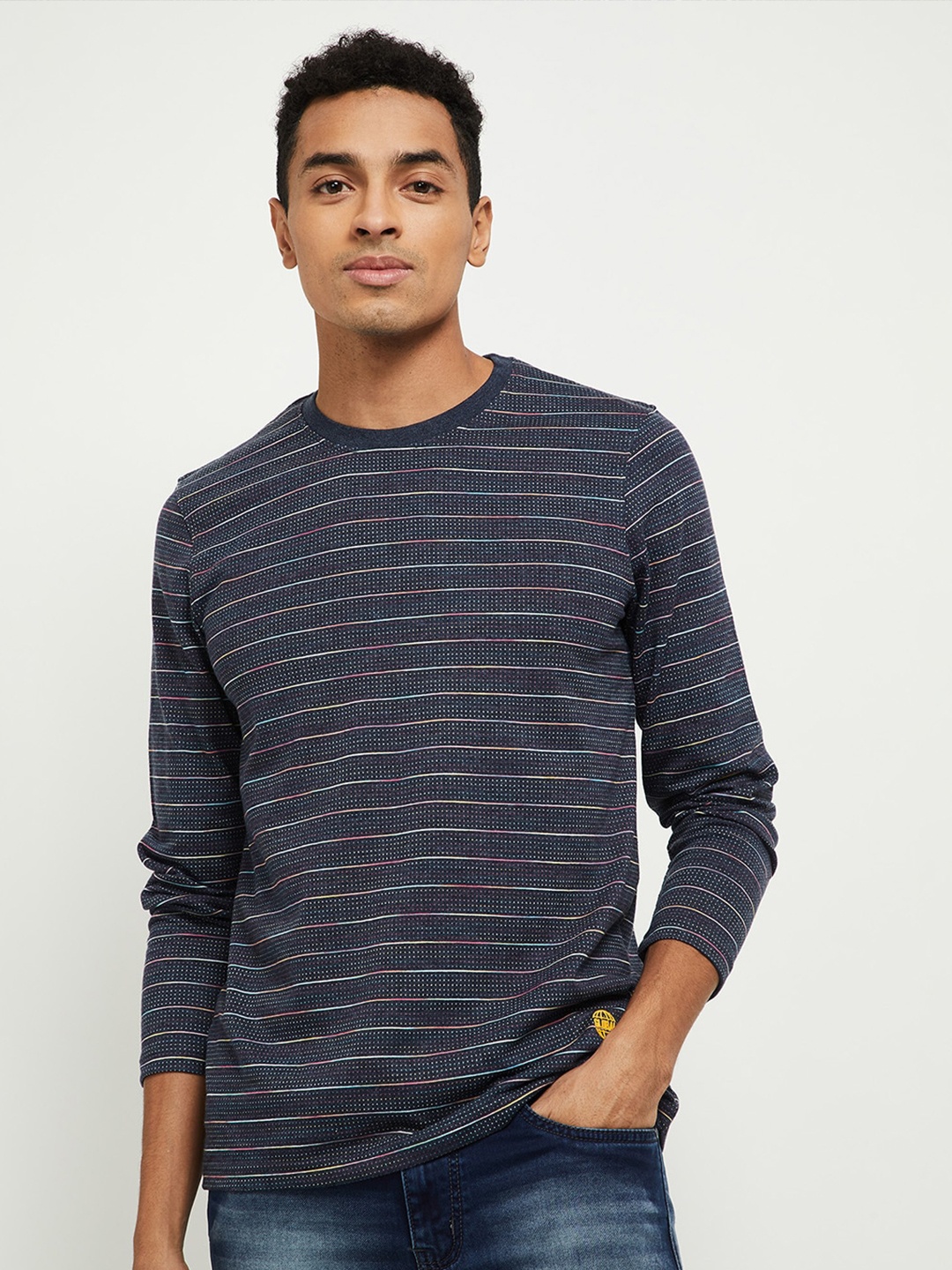 

max Men Blue With Multicolour Striped T-shirt