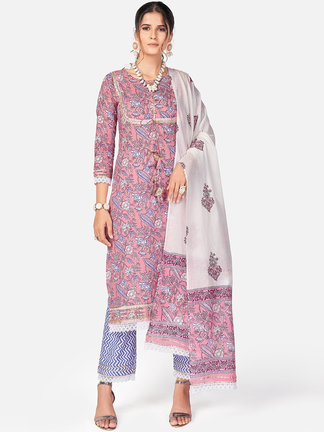 

Vbuyz Women Pink Floral Printed Gotta Patti Pure Cotton Kurta with Trousers & Dupatta