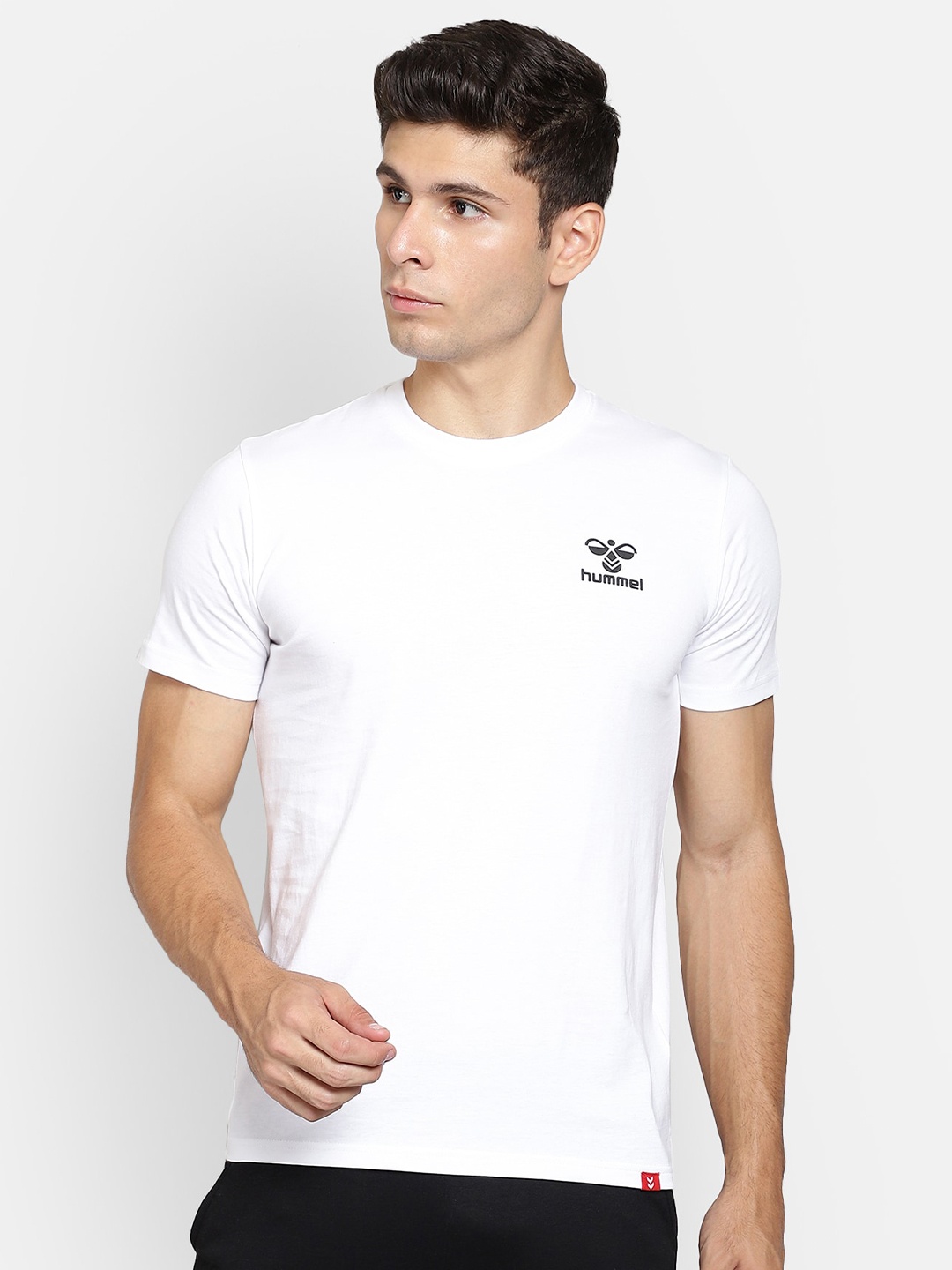 

hummel Men White Black Brand Logo Printed Cotton Pure Cotton T-shirt