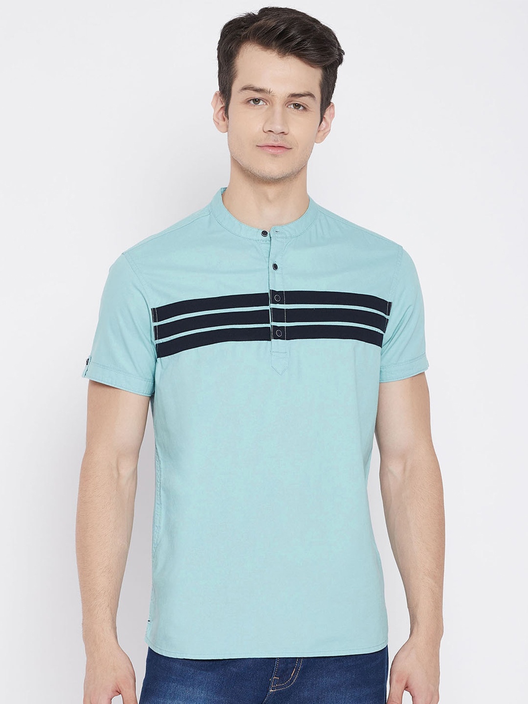 

Octave Men Turquoise Blue Striped Henley Neck T-shirt