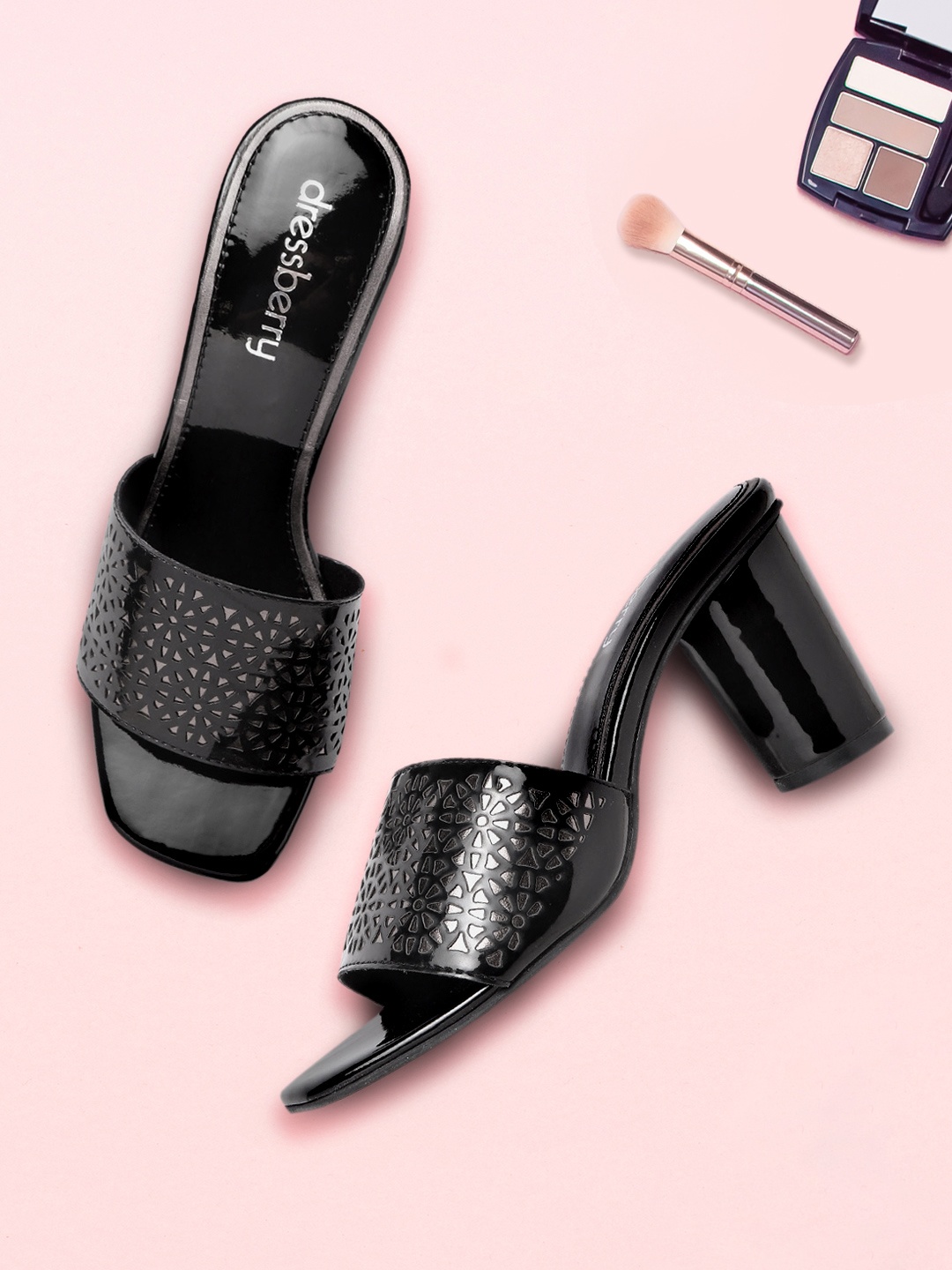

DressBerry Black & Gunmetal-Toned Floral Textured Block Heels