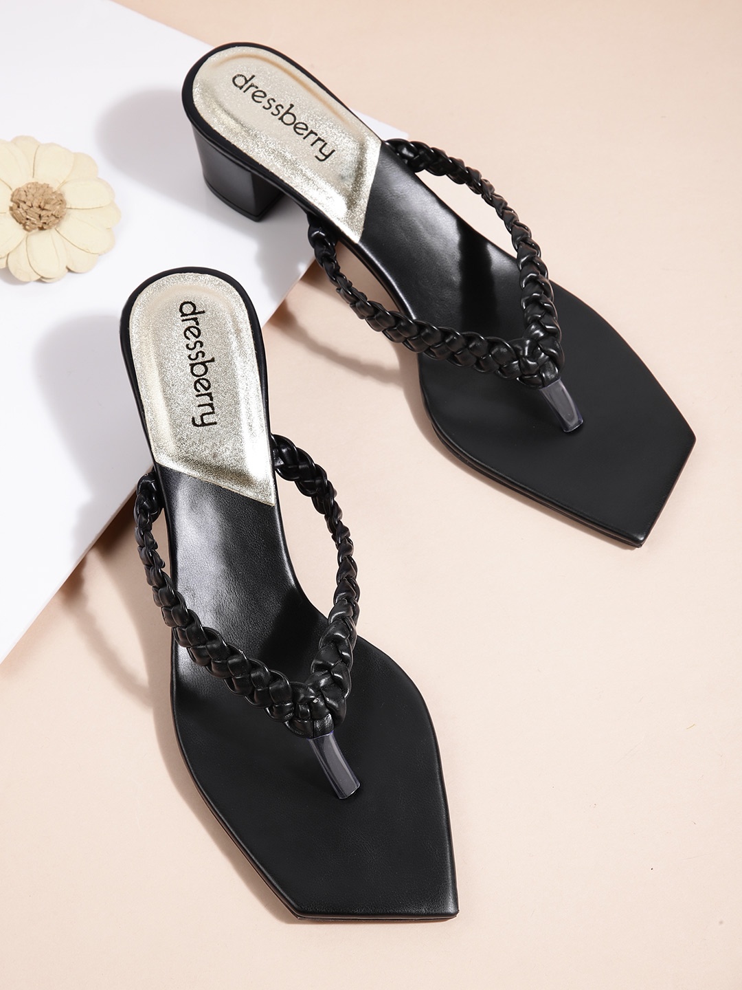 

DressBerry Black Solid Braided Block Heels