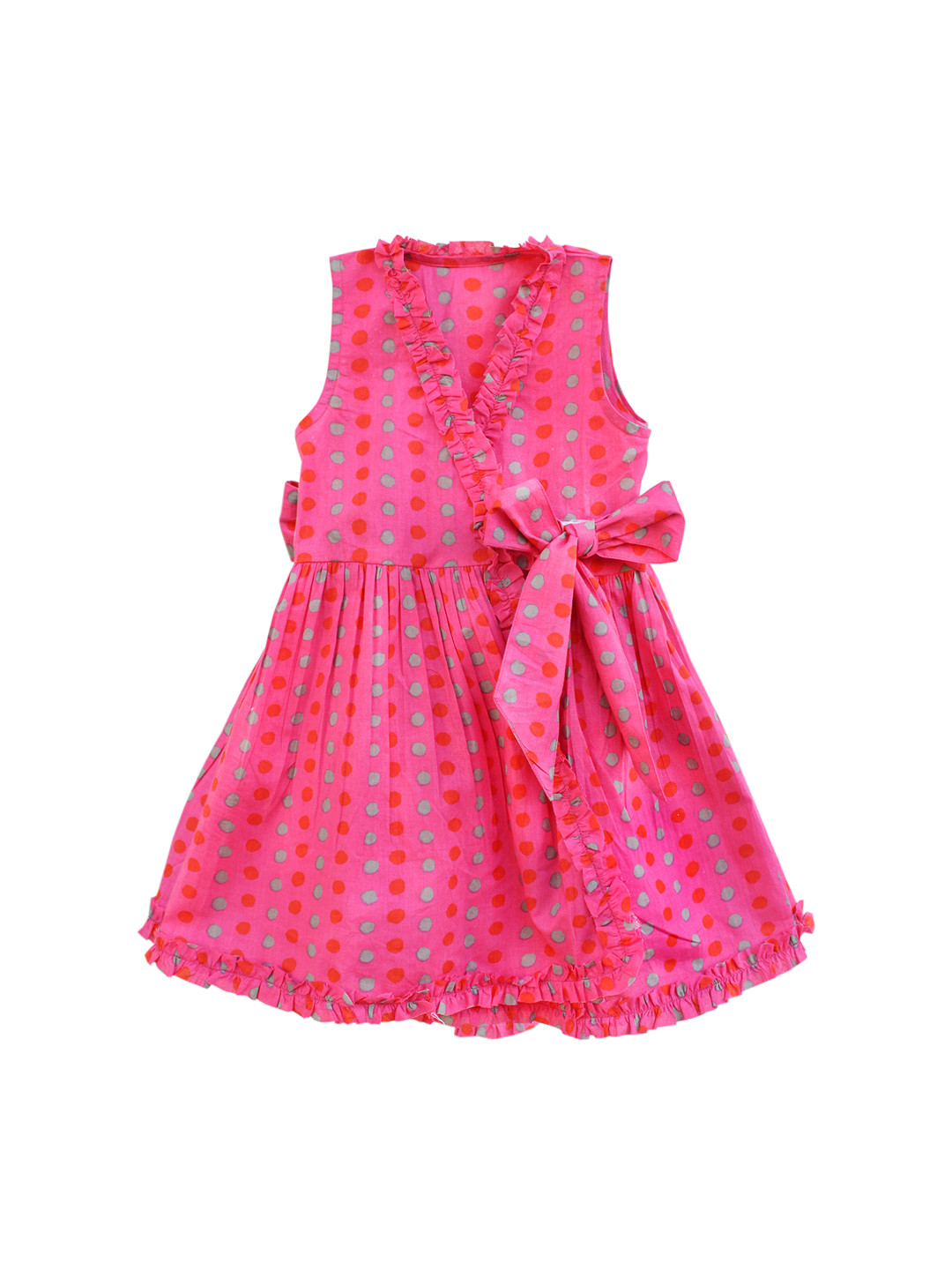 

My Little Lambs Girls Fuchsia Pink & Green Polka Dot Printed Wrap Dress With Bow Detail