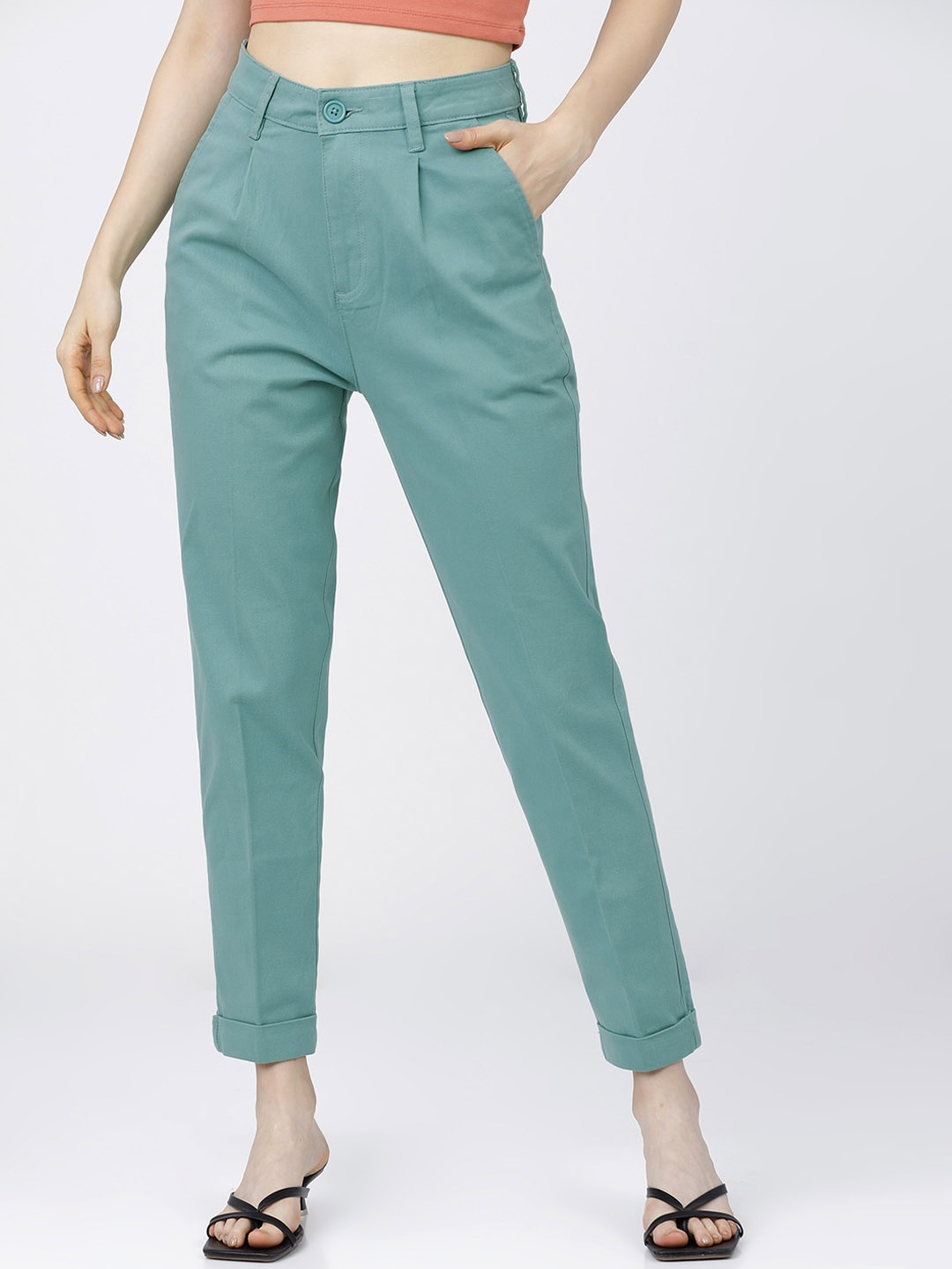 

Tokyo Talkies Women Turquoise Blue Tapered Fit Pleated Trousers