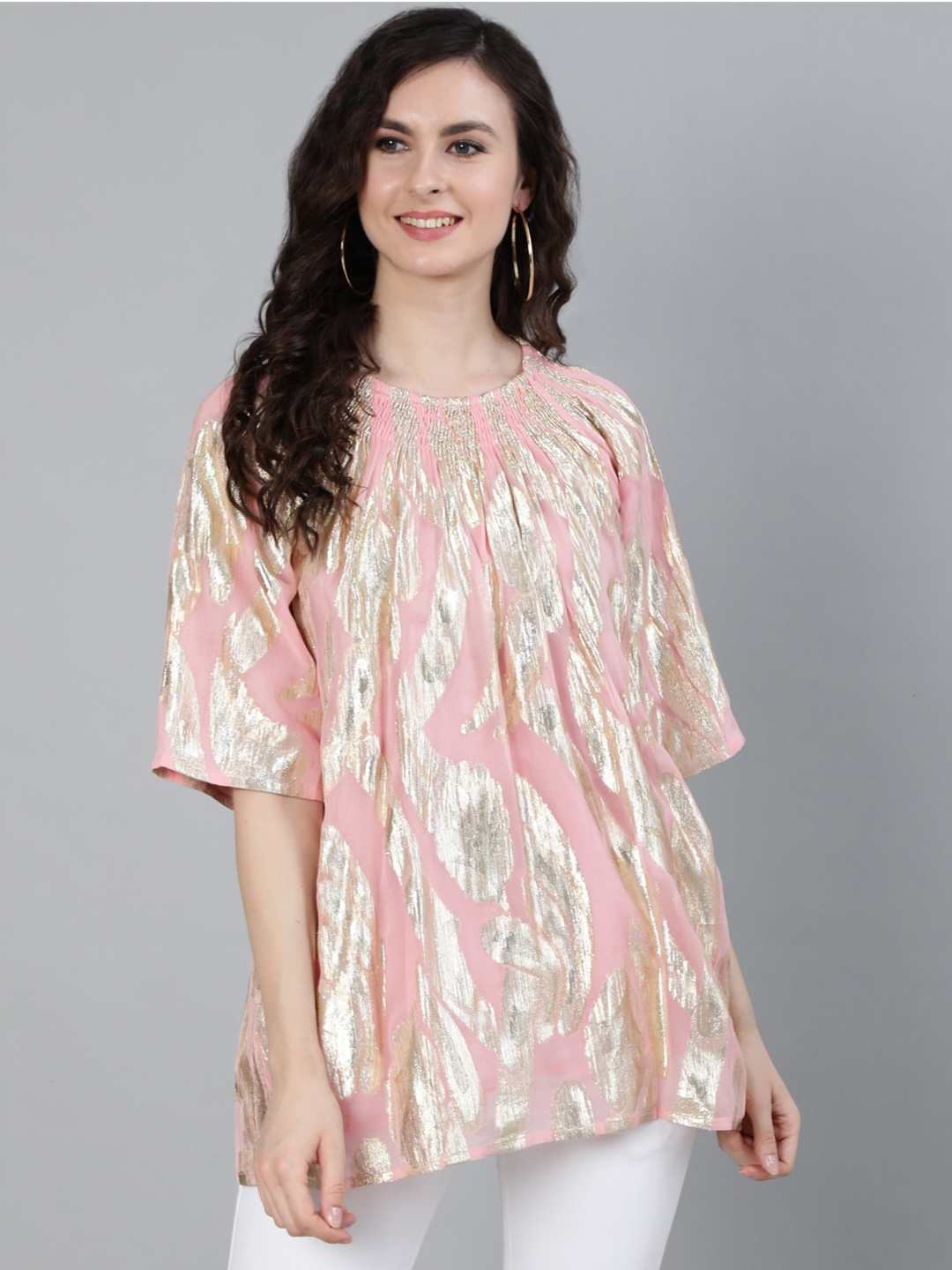 

Ishin Pink & Gold-Toned Extended Sleeves Crepe A-Line Top